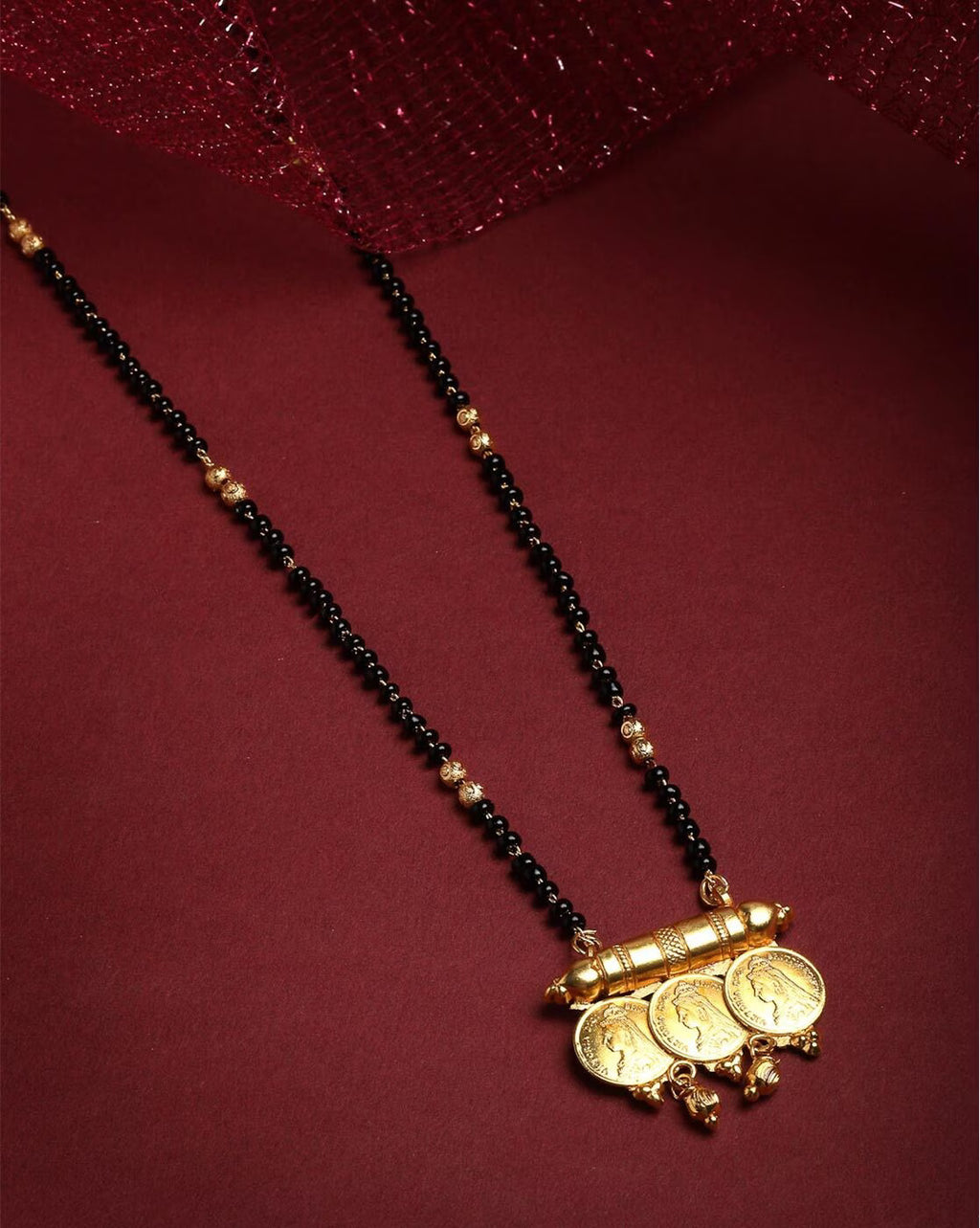 Jewels Kafe Jewellery Gold Plated Black Beads Coin Mangalsutra for women