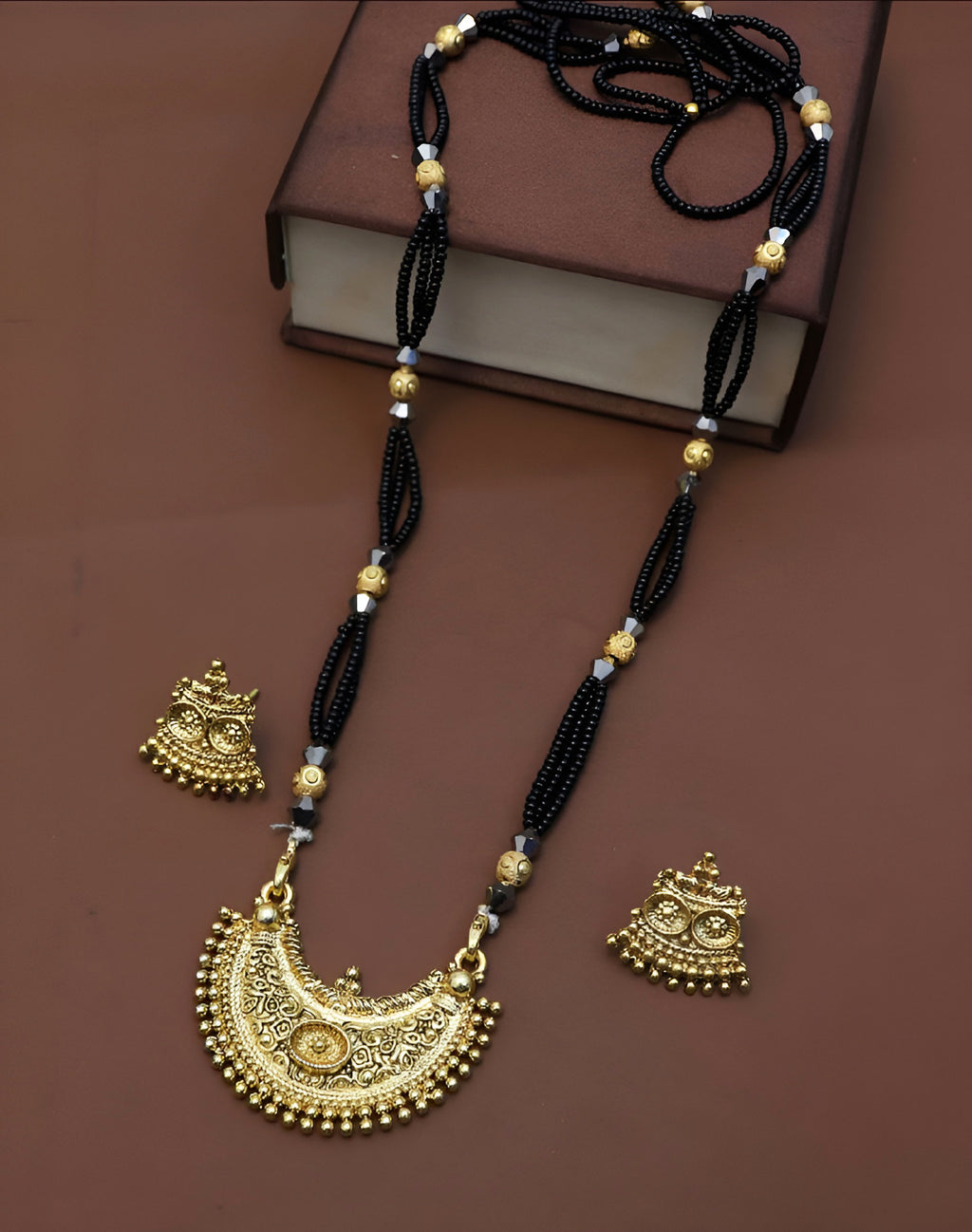 Jewels Kafe Jewellery One gram gold plated 30 inch long Mangalsutra set with Earrings for women
