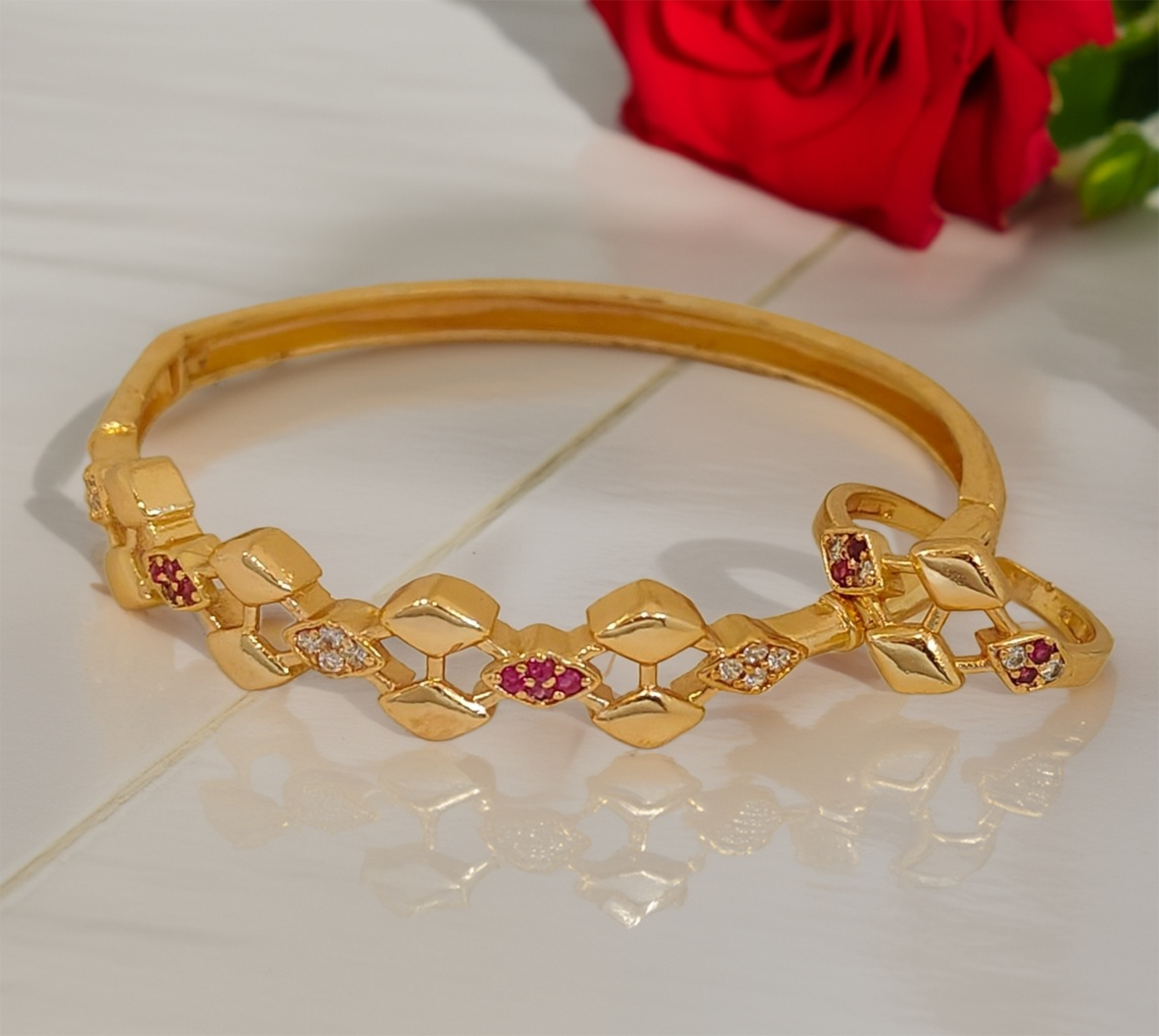 Jewels Kafe Anti-Tarnish Golden Adjustable Free Size Women’s Bracelet/Kada & Ring Combo