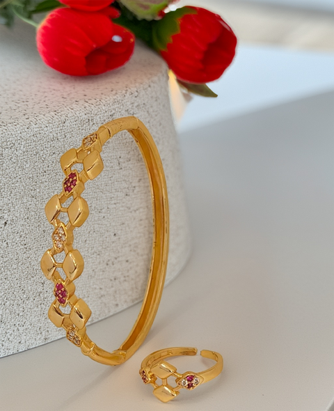 Jewels Kafe Anti-Tarnish Golden Adjustable Free Size Women’s Bracelet/Kada & Ring Combo Jewels Kafe