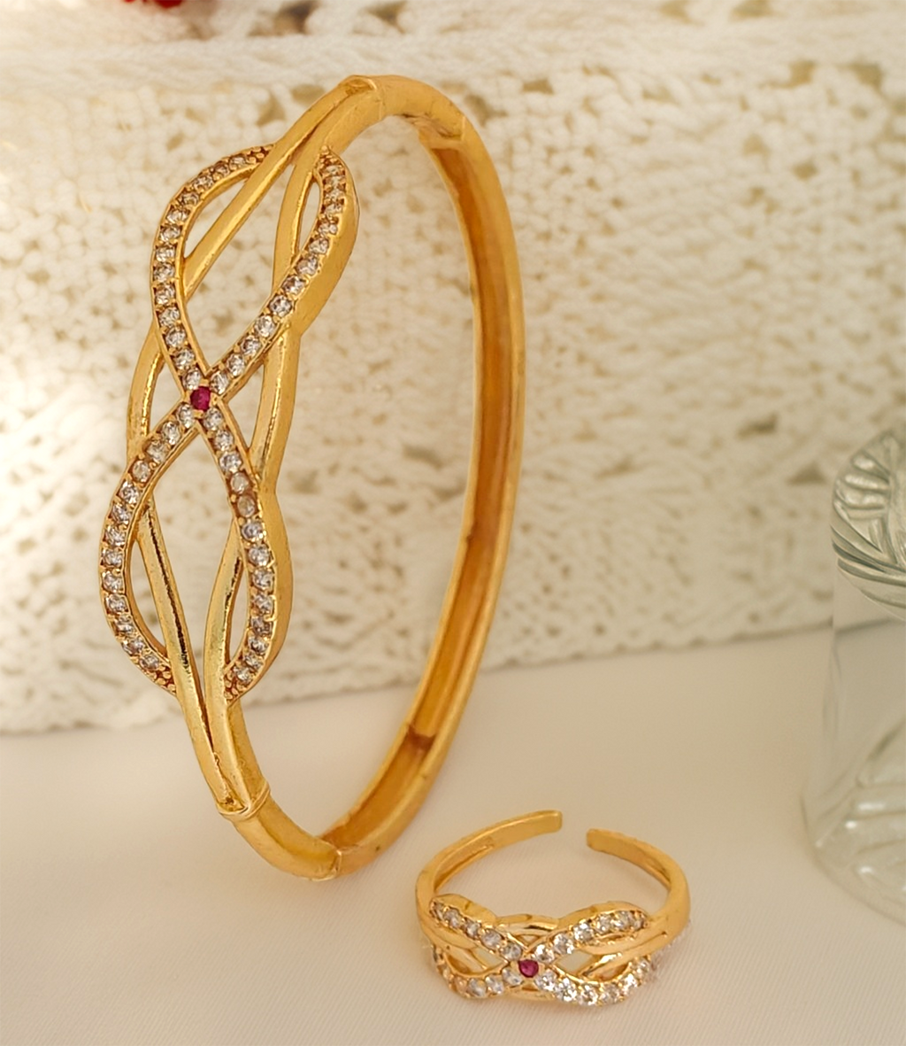 Jewels Kafe Anti-Tarnish Golden Adjustable Free Size Women’s Bracelet/Kada & Ring Combo