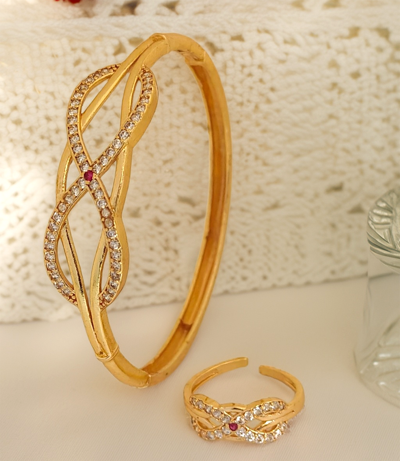 Jewels Kafe Anti-Tarnish Golden Adjustable Free Size Women’s Bracelet/Kada & Ring Combo