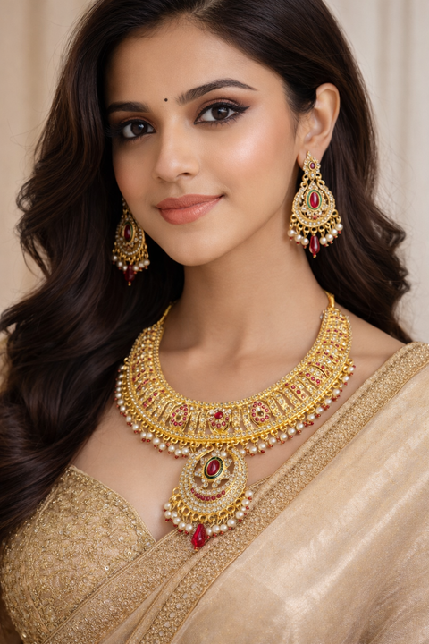 Jewels Kafe Traditional Gold Finish Necklace Set with Matching Earrings