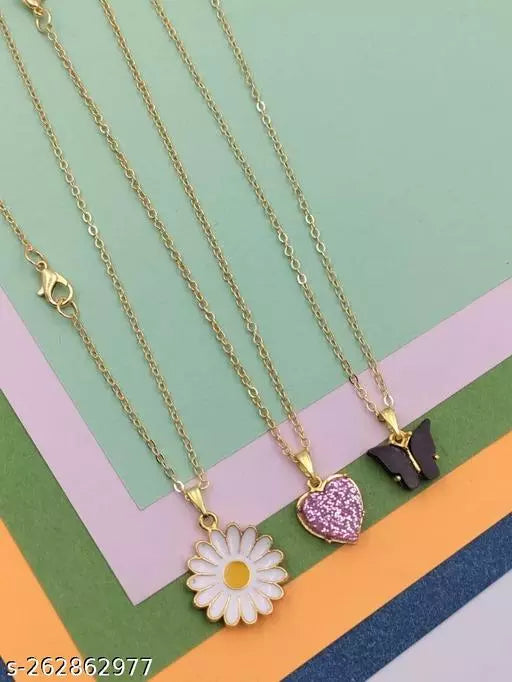 Jewels Kafe Butterfly Flower And Heart shape pendant chain Combo of 3 necklace for women and girls