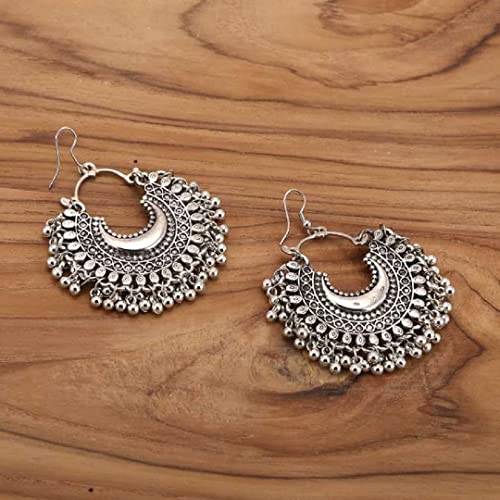 Jewels Kafe Oxidised Afghani Chandbali Earrings (SILVER)