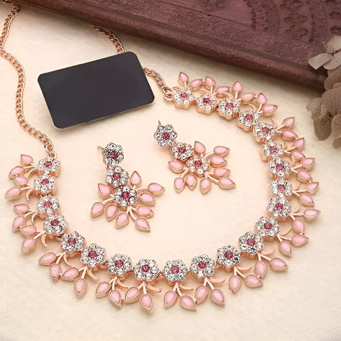 Jewels Kafe Brass Rose Gold AD Necklace Set