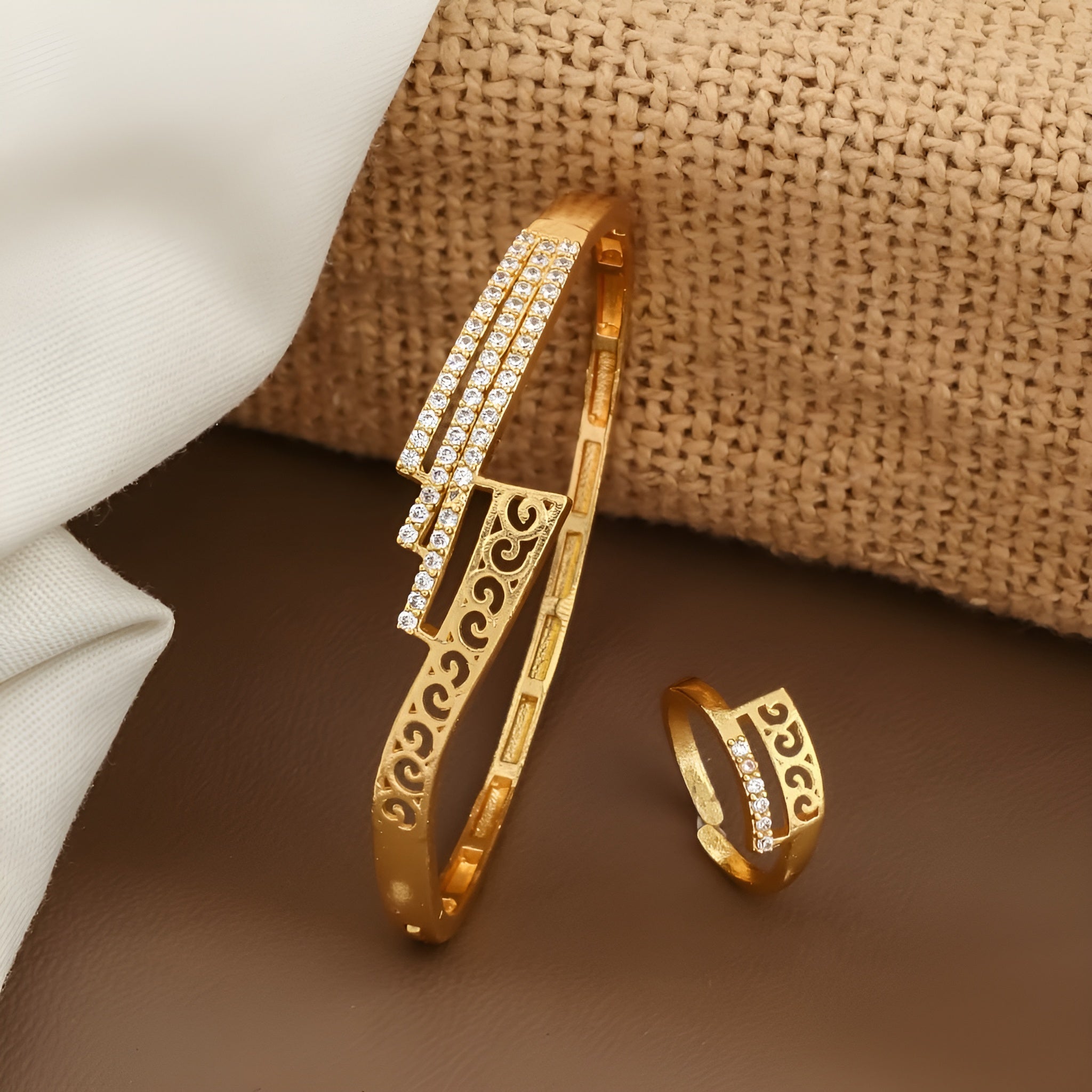 Jewels Kafe Anti-Tarnish Golden Adjustable Free Size Women’s Bracelet/Kada & Ring Combo