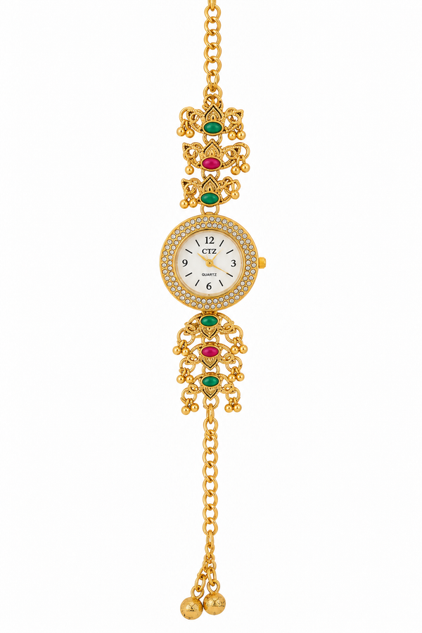 Jewels Kafe™ Royal Rajwadi Gold-Plated Ladies Watch with Red & Green Stone Detailing Jewels Kafe