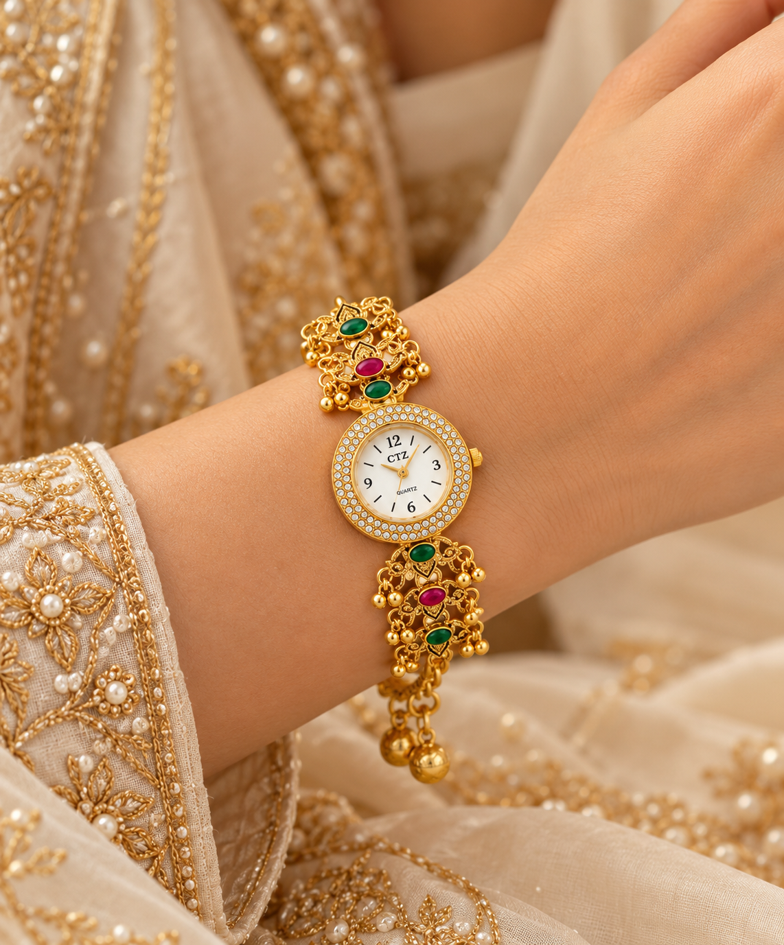 Jewels Kafe™ Royal Rajwadi Gold-Plated Ladies Watch with Red & Green Stone Detailing Jewels Kafe