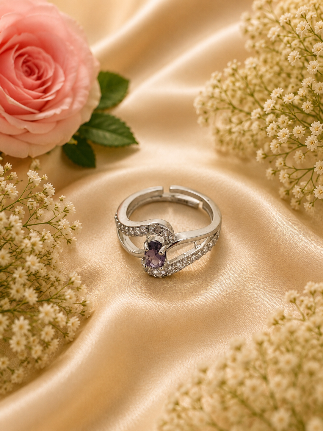 Jewels Kafe Elegant Silver-Tone Adjustable Ring with Purple Stone Jewels Kafe