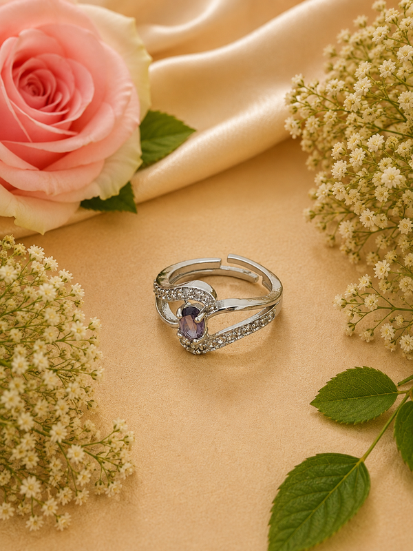 Jewels Kafe Elegant Silver-Tone Adjustable Ring with Purple Stone Jewels Kafe