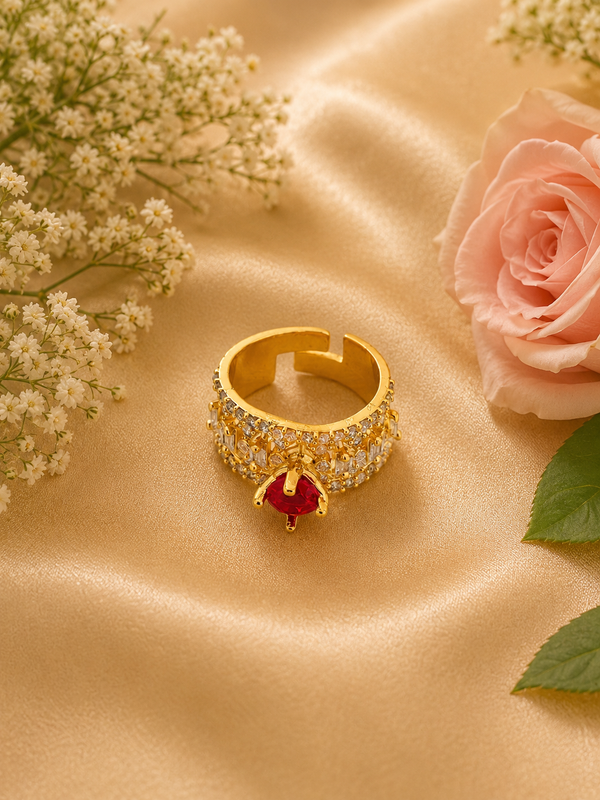 Jewels Kafe Elegant Golden Adjustable Ring with Red Stone Jewels Kafe