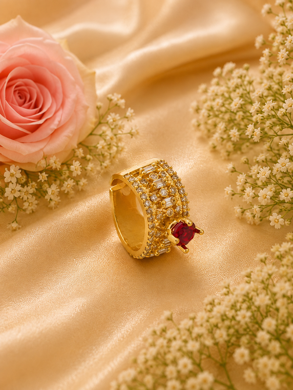 Jewels Kafe Elegant Golden Adjustable Ring with Red Stone Jewels Kafe