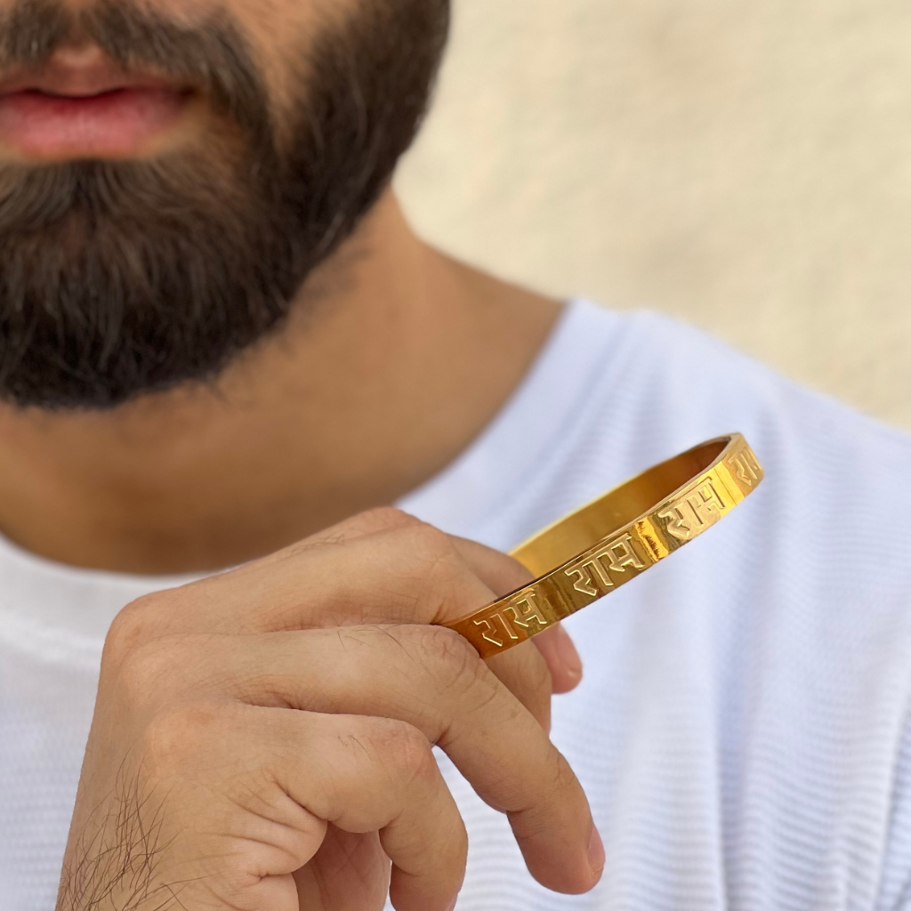 Jewels Kafe Divine Ram Gold Plated Mens Kada Bracelet