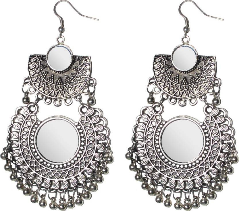 Jewels Kafe Oxidised Afghani Mirror Earrings (SILVER)