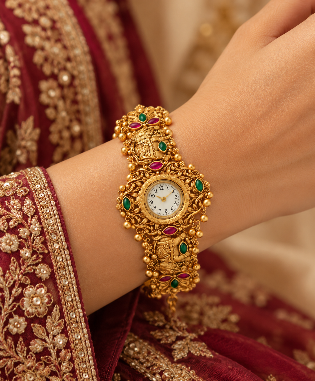 Jewels Kafe Rajwadi Gold Plated Designer Watch for Women – Traditional Rajasthani Jewellery Watch with Red & Green Stones