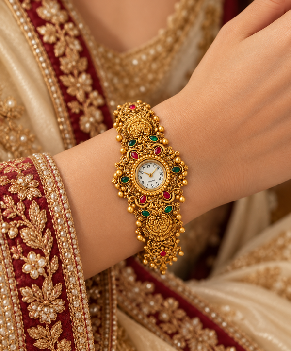Jewels Kafe Rajwadi Gold Plated Designer Watch for Women – Traditional Rajasthani Jewellery Watch with Red & Green Stones