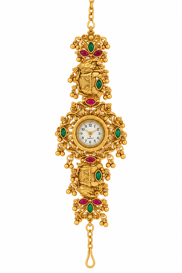 Jewels Kafe Rajwadi Gold Plated Designer Watch for Women – Traditional Rajasthani Jewellery Watch with Red & Green Stones