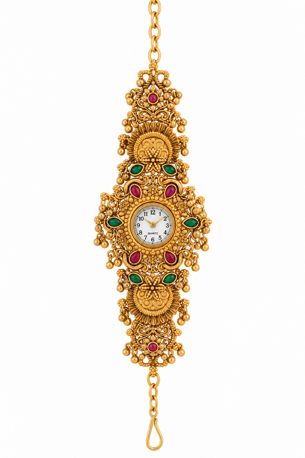 Jewels Kafe Rajwadi Gold Plated Designer Watch for Women – Traditional Rajasthani Jewellery Watch with Red & Green Stones
