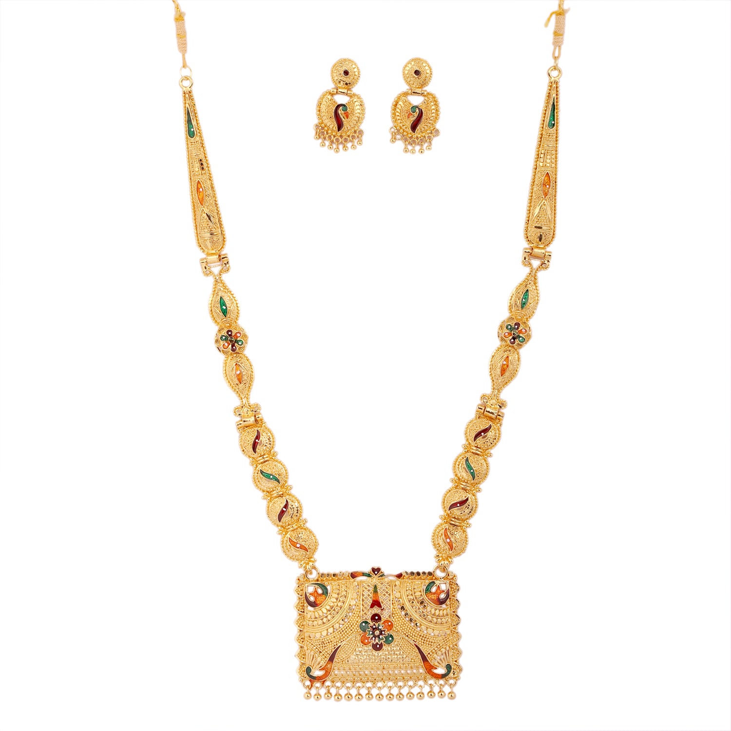 Jewels Kafe One Gram Gold Forming Work Premium Long Haram Pendant/Necklace Set(10 in Long 2 in Wide)