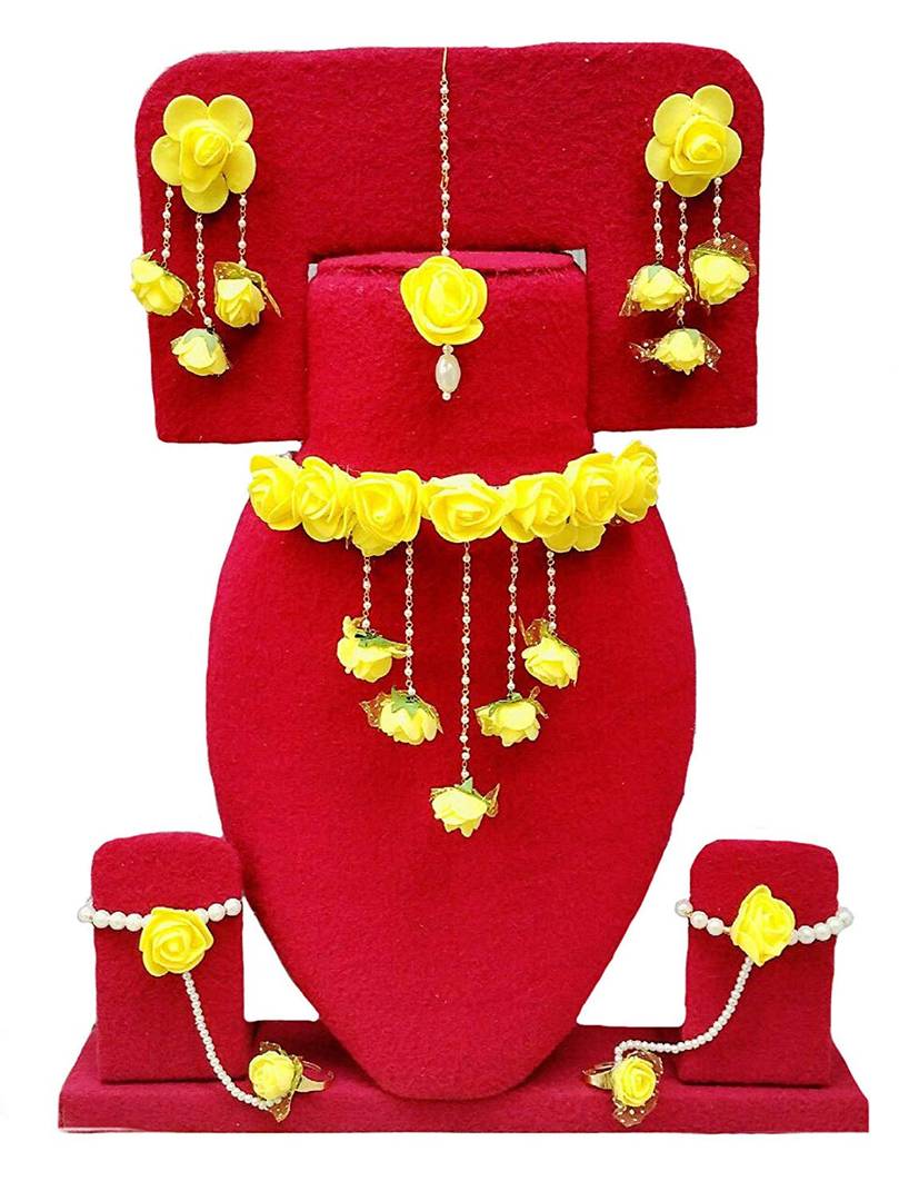 Yellow Bridal Flower Jewellery Set with Earrings, Bracelet & Maang Tika