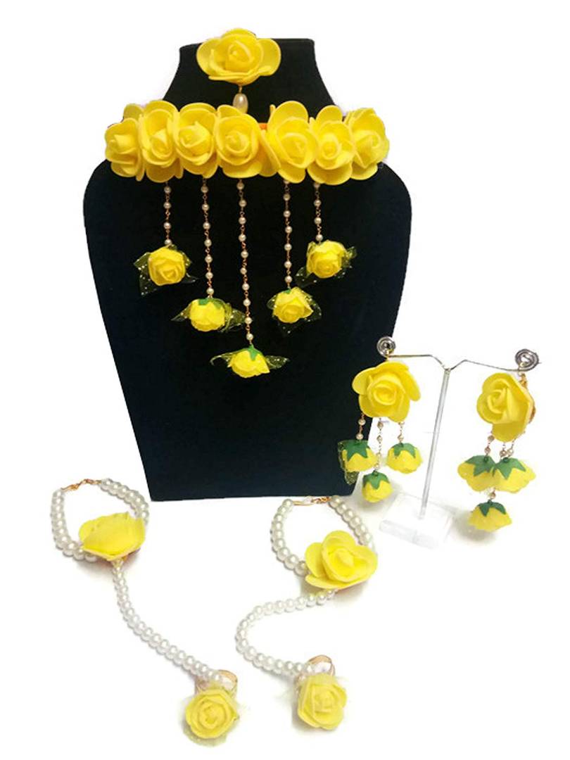Yellow Bridal Flower Jewellery Set with Earrings, Bracelet & Maang Tika Main image