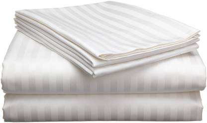 Urbanista 300 TC 100% Cotton Satin Stripe Double White Bedsheet with 2 Pillow Covers