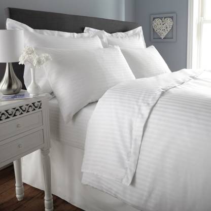Urbanista 300 TC 100% Cotton Satin Stripe Double White Bedsheet with 2 Pillow Covers