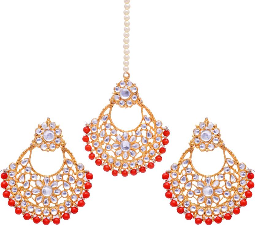 Jewels Kafe Gold Plated Maang Tikka Earrings Set
