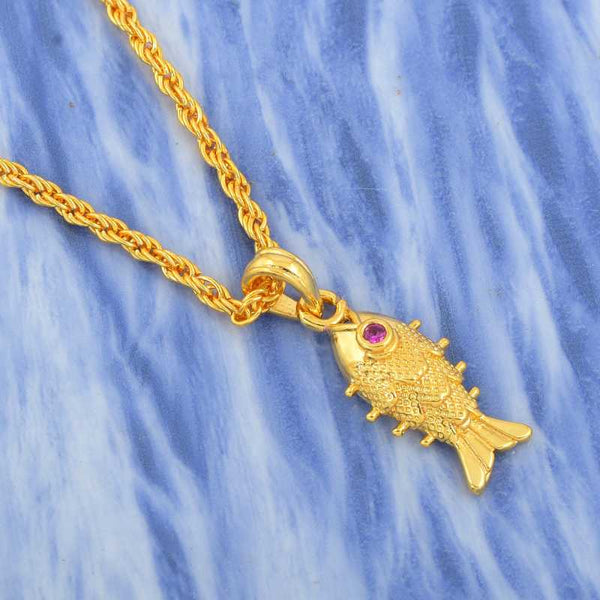 Jewels Kafe Gold Plated Fish with Ruby Eyes Animal Fish Rope Chain Pendant Locket